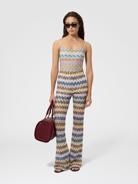 Flare viscose lam&eacute; trousers with lace motif, Multicoloured  - DS26WI09BR015PSMSPU