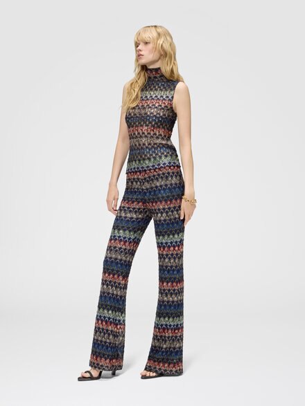 Pantalon flare en viscose lam&eacute; motif dentelle, Multicolore  - DS26WI09BR015PSMSPV