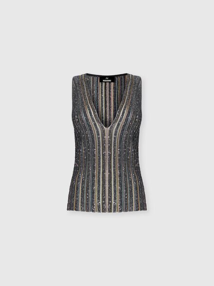 Top acanalado con lentejuelas y escote en V, Negro Multicolor  - DS26WK0CBK01KQSMSPF