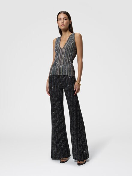 Top acanalado con lentejuelas y escote en V, Negro Multicolor  - DS26WK0CBK01KQSMSPF