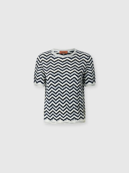 Short-sleeve wool and viscose top with wave motif, Blue& White  - DS26WN0BBK01JFS72RC