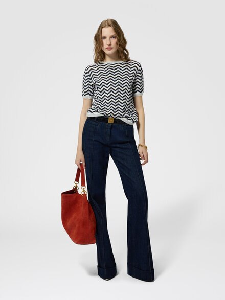 Short-sleeve wool and viscose top with wave motif, Blue& White  - DS26WN0BBK01JFS72RC
