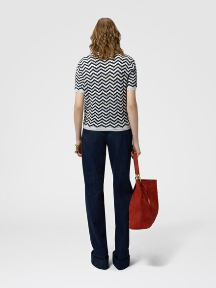 Short-sleeve wool and viscose top with wave motif, Blue& White  - DS26WN0BBK01JFS72RC