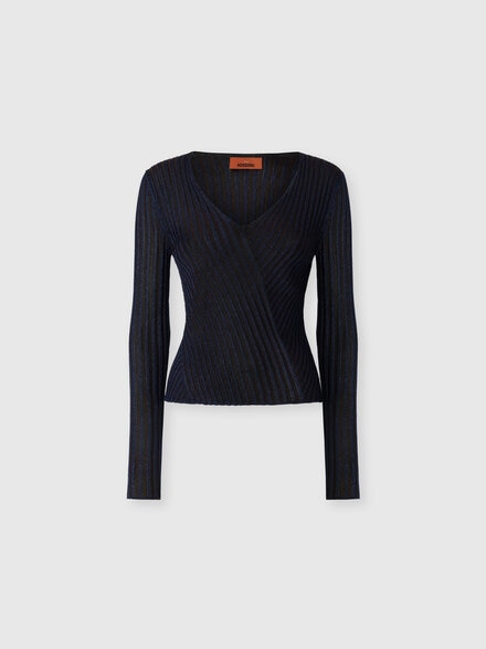Jersey acanalado en viscosa lam&eacute; con escote en V, Azul Marino  - DS26WN0XBK01JES72RB
