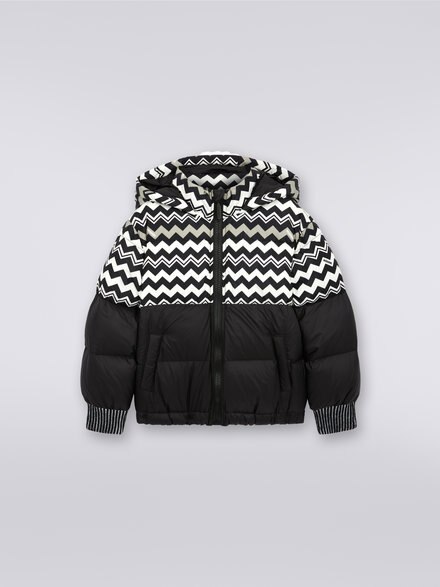 Nylon jacket with hood and zigzag inserts, Black & White - KS23WF06BV00E3SM92O