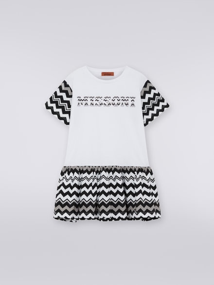 Short-sleeved cotton dress with zigzag inserts and logo, Black & White - KS23WG09BV00E0SM92N