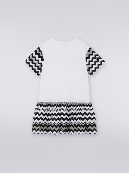Short-sleeved cotton dress with zigzag inserts and logo, Black & White - KS23WG09BV00E0SM92N