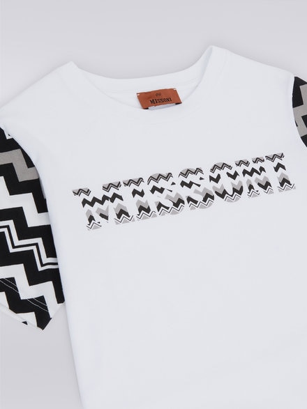 Short-sleeved cotton dress with zigzag inserts and logo, Black & White - KS23WG09BV00E0SM92N