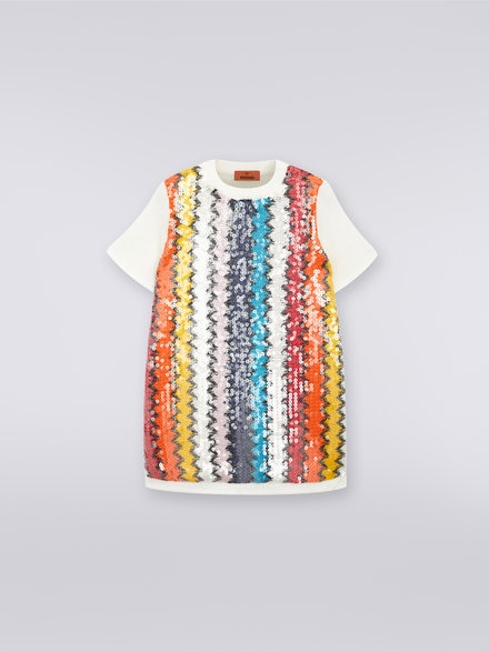 Zigzag viscose blend short-sleeved dress with sequins, Multicoloured  - KS23WG0DBV00E0SM923