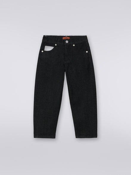 Five-pocket denim trousers with zigzag insert and logo, Black & White - KS23WI0NBV00E3SM92O