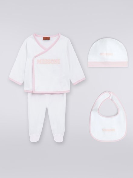 Three-piece set with cotton jumpsuit, bib and docker hat with logo, Pink   - KS23WU04BV00E3S019I