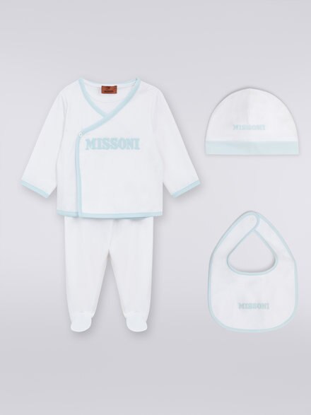 Three-piece set with cotton jumpsuit, bib and docker hat with logo, Multicoloured  - KS23WU04BV00E3S019J