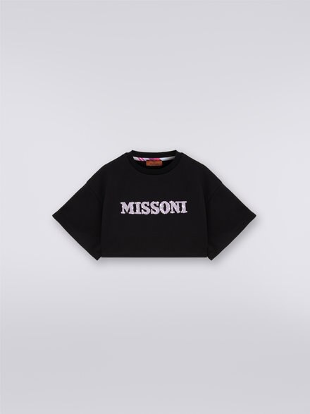 Oversized cropped cotton T-shirt with sequins logo, Black    - KS23WW07BV00E0S91H3