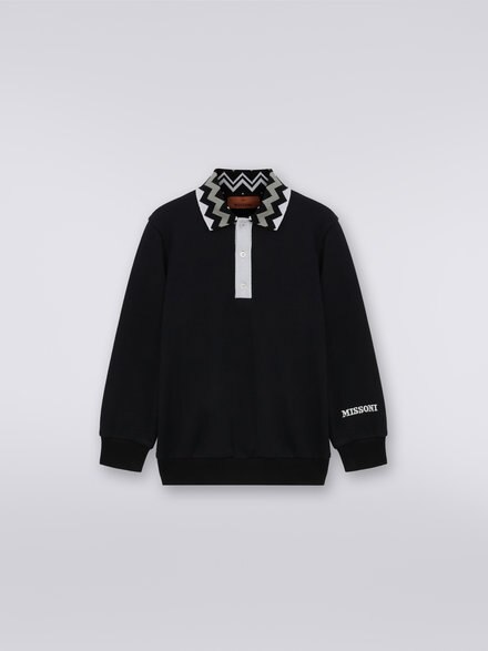 Cotton long-sleeved polo shirt with chevron insert and logo, Black & White - KS23WW0GBV00E3SM92O
