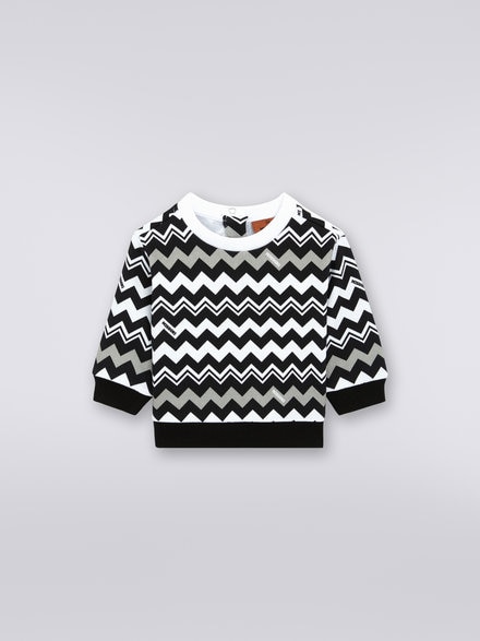 Baumwollsweatshirt mit Rundhalsausschnitt und Zickzackmuster, Weiß & Schwarz - KS23WW0KBV00E3SM92O
