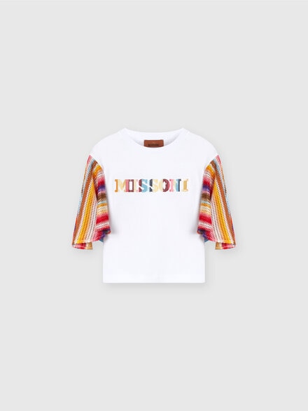 Cotton T-shirt with contrasting inserts and logo lettering, Multicoloured  - KS24SL0ABV00FXS019C