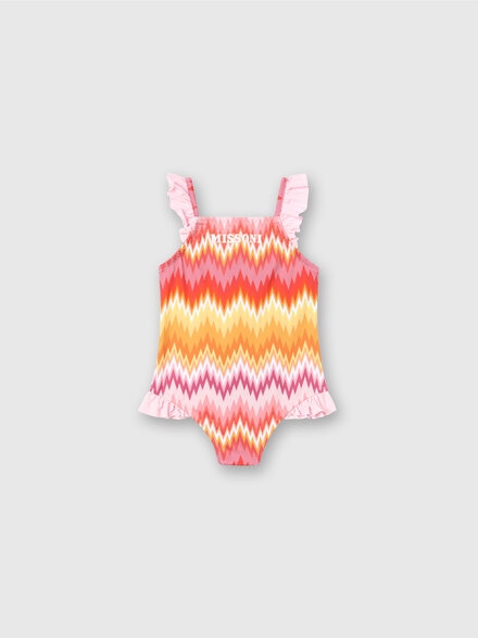 One-piece swimming costume with chevron pattern, ruffle and logo, Multicoloured  - KS24SP06BV00FVSM923