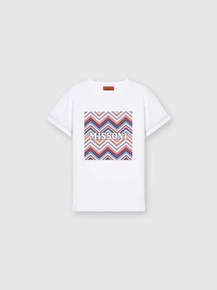 Cotton crewneck T-shirt with zigzag print and logo, White & Multicoloured   - KS24WL07BV00GWS019C