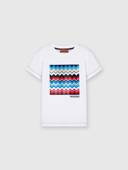 Cotton crewneck T-shirt with zigzag print and contrasting stitching, White  - KS24WL0ABV00GWS019E