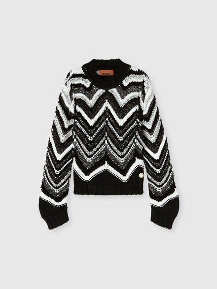 Crew-neck pullover in lamé wool blend, Black & White - KS24WN00BV00GVSM92O