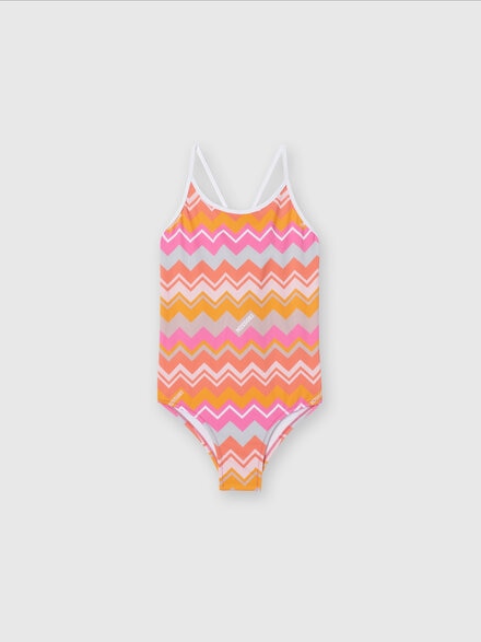 Zig zag print one-piece swimsuit with logo, Fuchsia & Red - KS24WP03BV00GVS30F5