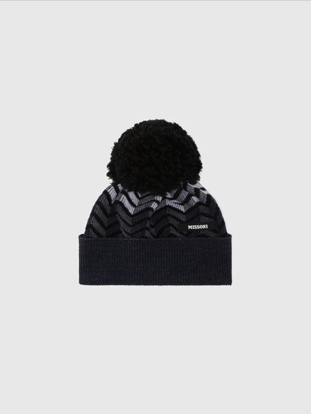 Zig zag virgin wool hat with logo and pom pom, Black & Grey - KS24WS02BV00GWS91O9