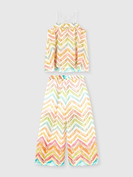 Set due pezzi top e pantalone con stampa zig zag tratteggiata, Bianco Multicolore   - KS25SG04BV00HMS019C