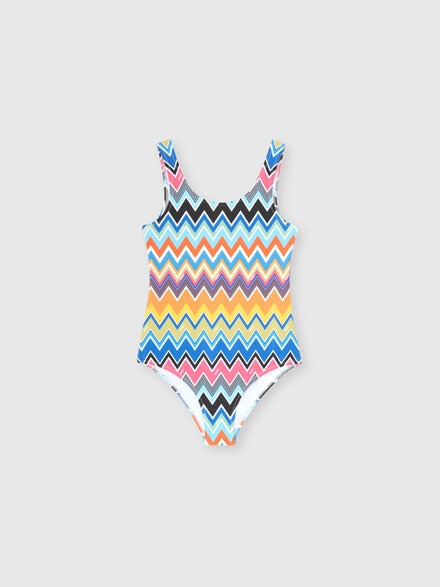 One-piece swimsuit with round neckline and zig zag print on the upper part, Multicoloured  - KS25SP07BV00HMSM9RW