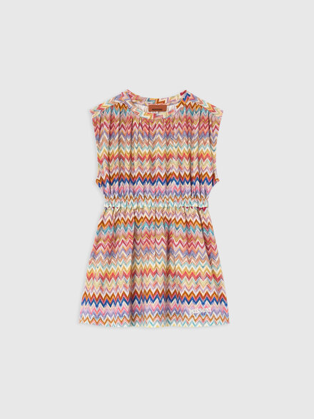 &Auml;rmelloses kurzes Kleid mit Zickzack-Motiv, Wei&szlig; & Mehrfarbig - KS26SG00BV00JHS019C