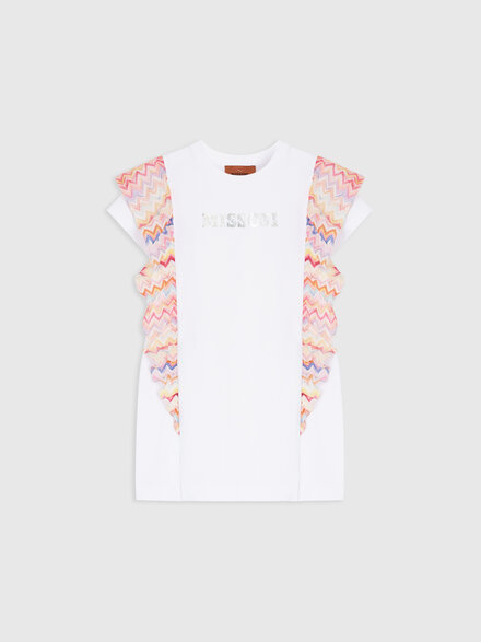 Short dress with short sleeves, printed logo and zig zag details, White  - KS26SG02BV00JHS019E