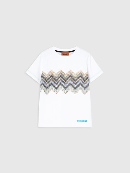 T-shirt in puro cotone con stampa zig zag, Bianco & Multicolore - KS26SL03BV00JIS019C
