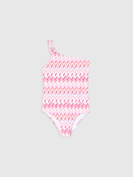 One-shoulder one-piece swimsuit with zig zag print, White & Fuchsia - KS26SP05BV00JHS30CM