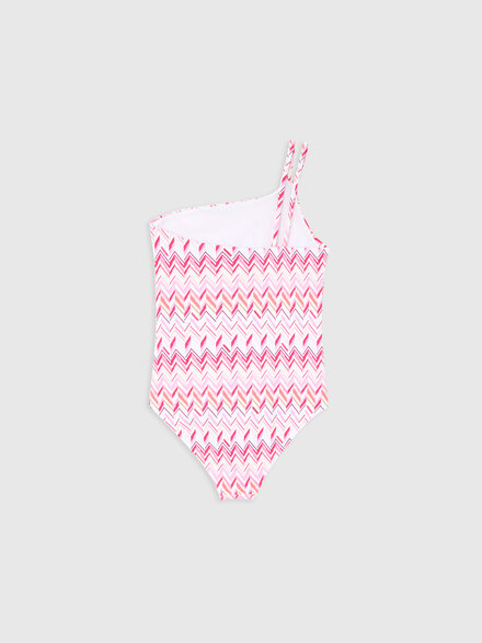One-shoulder one-piece swimsuit with zig zag print, White & Fuchsia - KS26SP05BV00JHS30CM