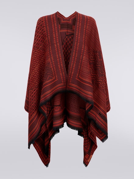 Wool knit cape with multi-worked and frayed edges, Multicoloured  - LS23WC06BV00ENSM67T