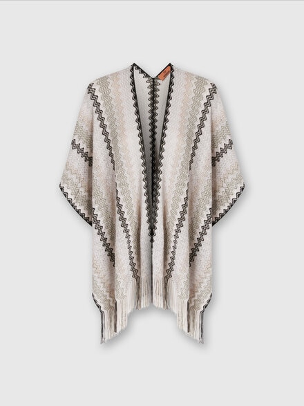 Poncho in viscose blend knit with wave pattern and fringes, Multicoloured  - LS24SC03BV00FUSM67S