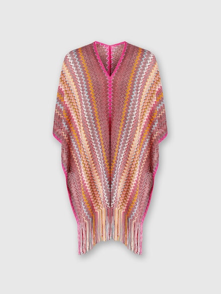 Poncho in zigzag viscose knit with fringes, Multicoloured  - LS24SC04BV00FUSM67R