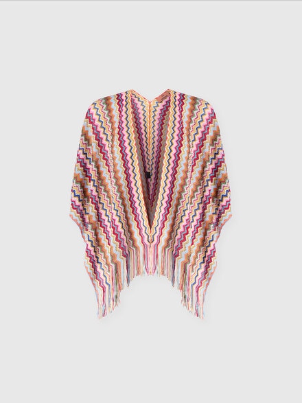 Poncho in maglia chevron con frange, Multicolore  - LS25SC02BV00HLSM67U