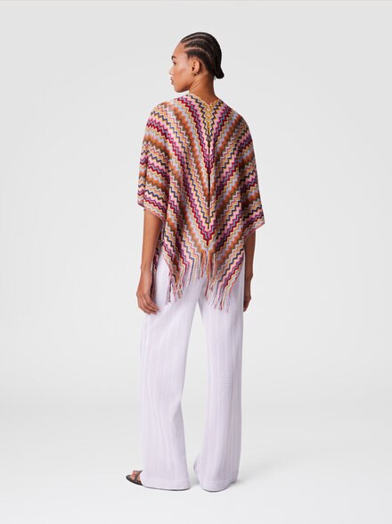 Knit poncho with chevron pattern and fringes, Multicoloured  - LS25SC02BV00HLSM67U