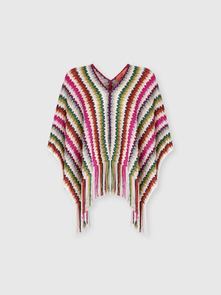 Poncho con motivo chevron e frange, Multicolore  - LS25SC03BV00HLSM67U