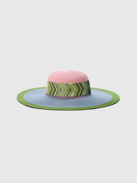 Wide Brim Straw Hat with Geometric Scarf, Multicoloured  - LS25SS1GBV00HLSM67U