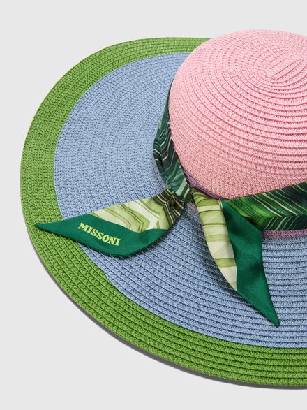 Wide Brim Straw Hat with Geometric Scarf, Multicoloured  - LS25SS1GBV00HLSM67U