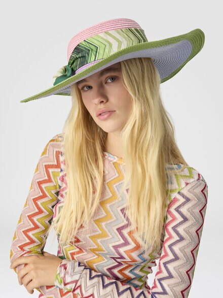 Wide Brim Straw Hat with Geometric Scarf, Multicoloured  - LS25SS1GBV00HLSM67U