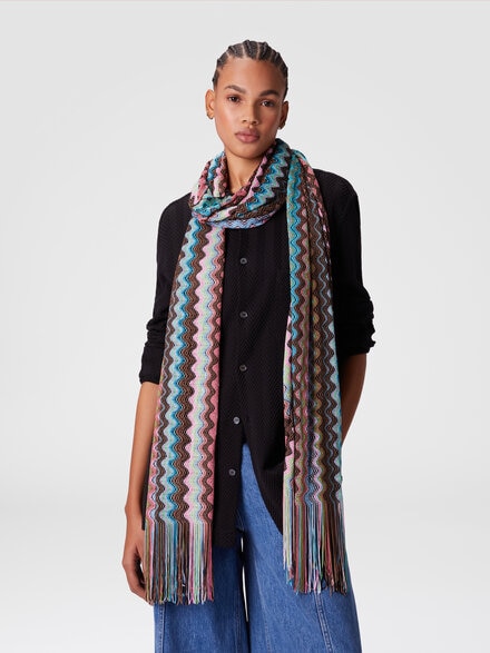 100% viscose scarf with wave pattern and fringes, Multicoloured  - LS25SS1XBV00HLSM67S