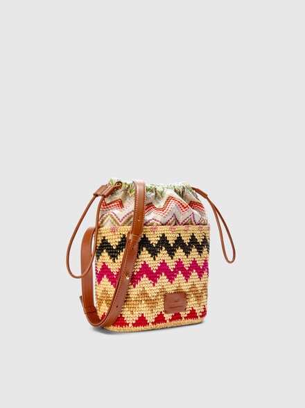 Bolso saco de rafia con detalles en piel y motivo zigzag, Negro Multicolor  - LS25SX07BV00HQSM9SC