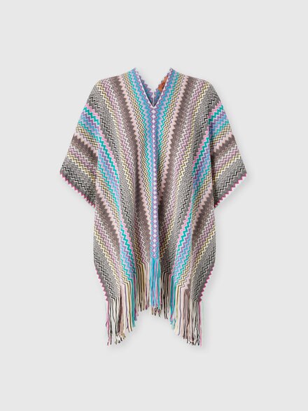 Poncho in misto lana zig zag con frange, Multicolore  - LS25WC00BV00IHSM67T