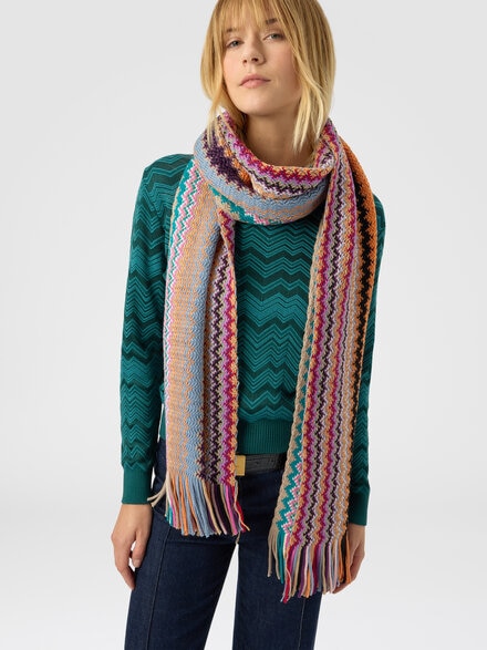 Pure wool scarf with fringes, Multicoloured  - LS25WS0QBV00IHSM67U