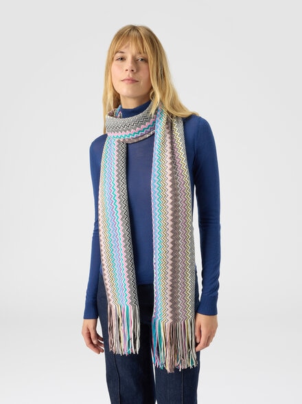 Scarf with zigzag pattern and fringes, Multicoloured  - LS25WS0XBV00IHSM67T