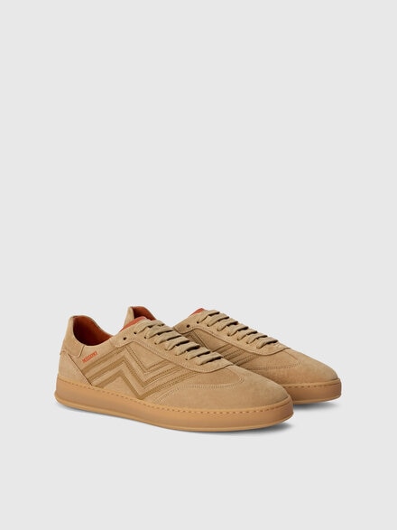 Suede sneakers with zigzag appliqués and logo, Beige - LS25WY09BV00IMS01H5