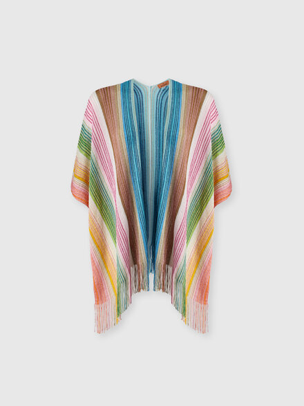 Striped viscose-blend poncho with fringes, Multicoloured  - LS26SC0ABV00J1SM67U
