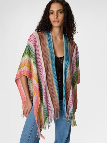 Striped viscose-blend poncho with fringes, Multicoloured  - LS26SC0ABV00J1SM67U